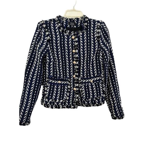 Vici Jackets & Blazers - Vici Women M Blazer Navy Blue Long Sleeve Button Closure Eyelash Fringe Hem NWOT